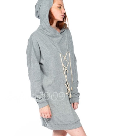 ☝️Gray Laced Up Hooded Long Tunic Sweatshirt Dress - Picture 3 of 7